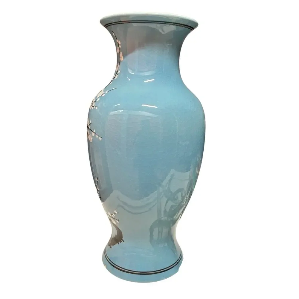 Vintage Light Blue Crackle Glaze Ceramic Vase –  Bird & Cherry Blossom 11.5” - Picture 4 of 5